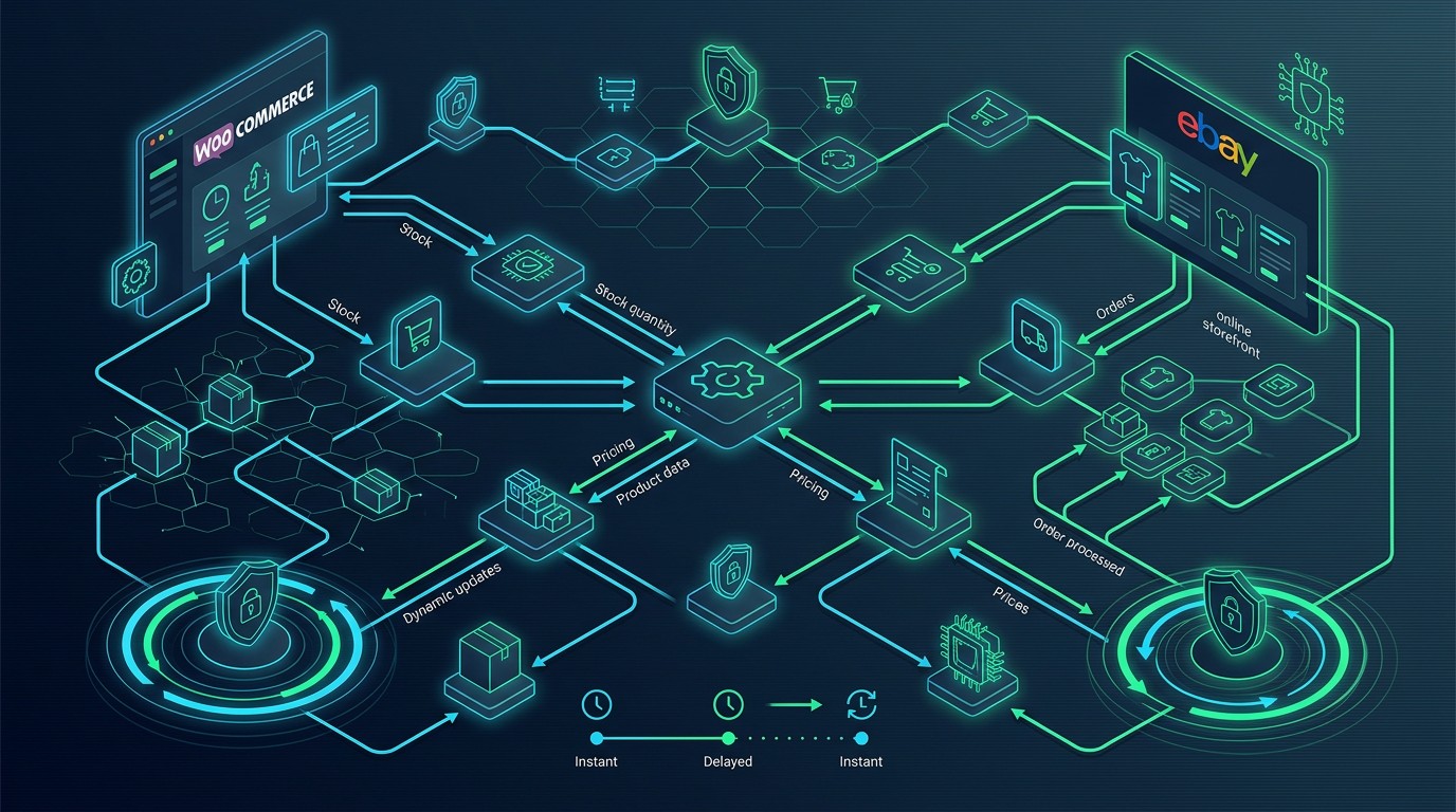 sincronización woocommerce ebay diagrama explicativo