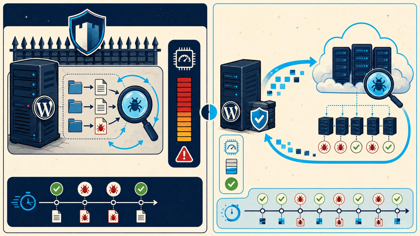 malcare vs wordfence escaneo malware diagrama explicativo