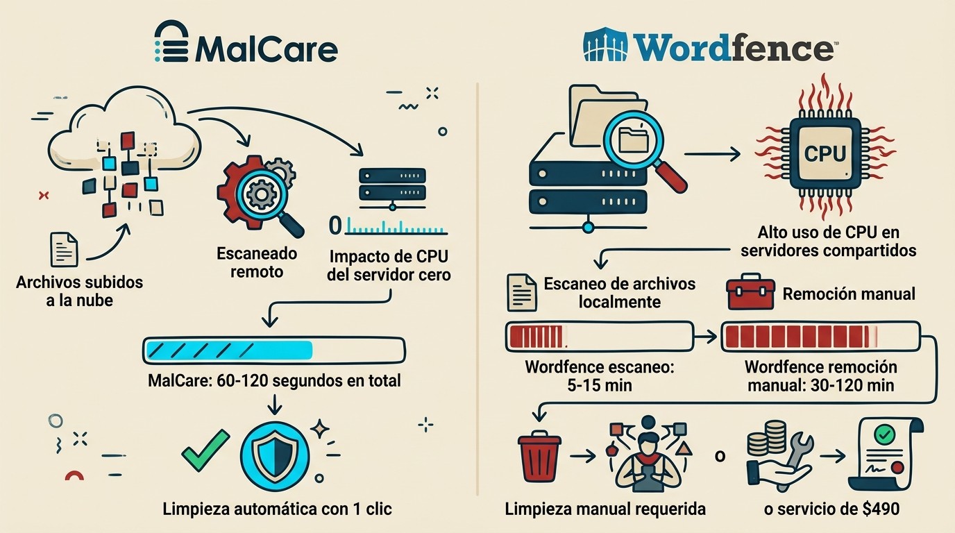 malcare vs wordfence limpieza malware diagrama explicativo