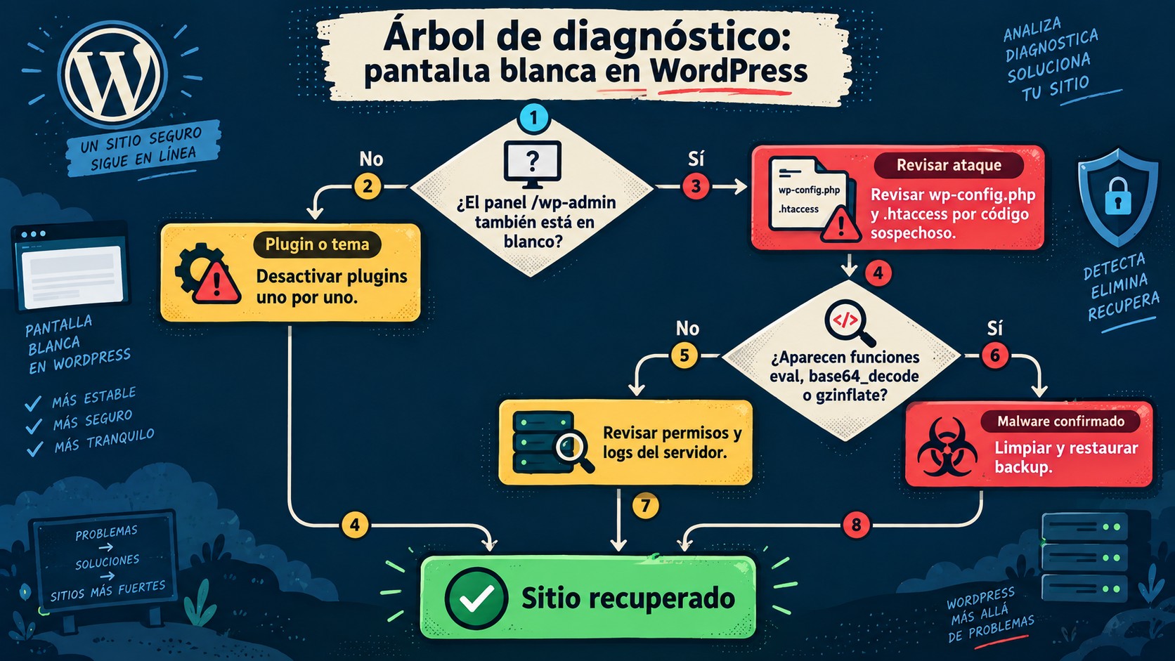 pantalla blanca wordpress hackeado diagrama explicativo