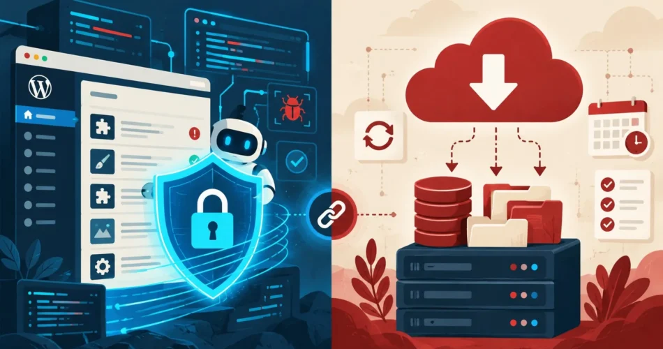 Patchstack vs Updraftplus: comparativa completa - Split screen simétrico: a la izquierda un escudo digital azul con candado y líneas de código escanea