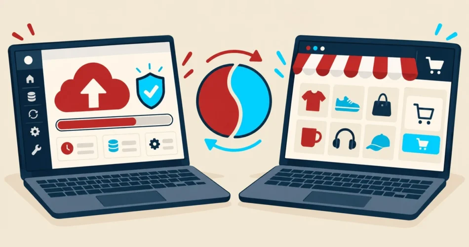Updraftplus vs Woocommerce: comparativa completa - Escena dividida en dos mitades enfrentadas sobre fondo limpio. A la izquierda, una notebook con el